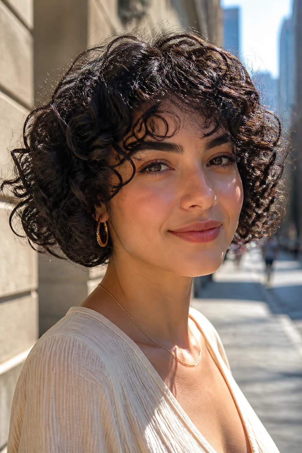 Close-up portrait of a woman with a curly bob outdoors in summer heat