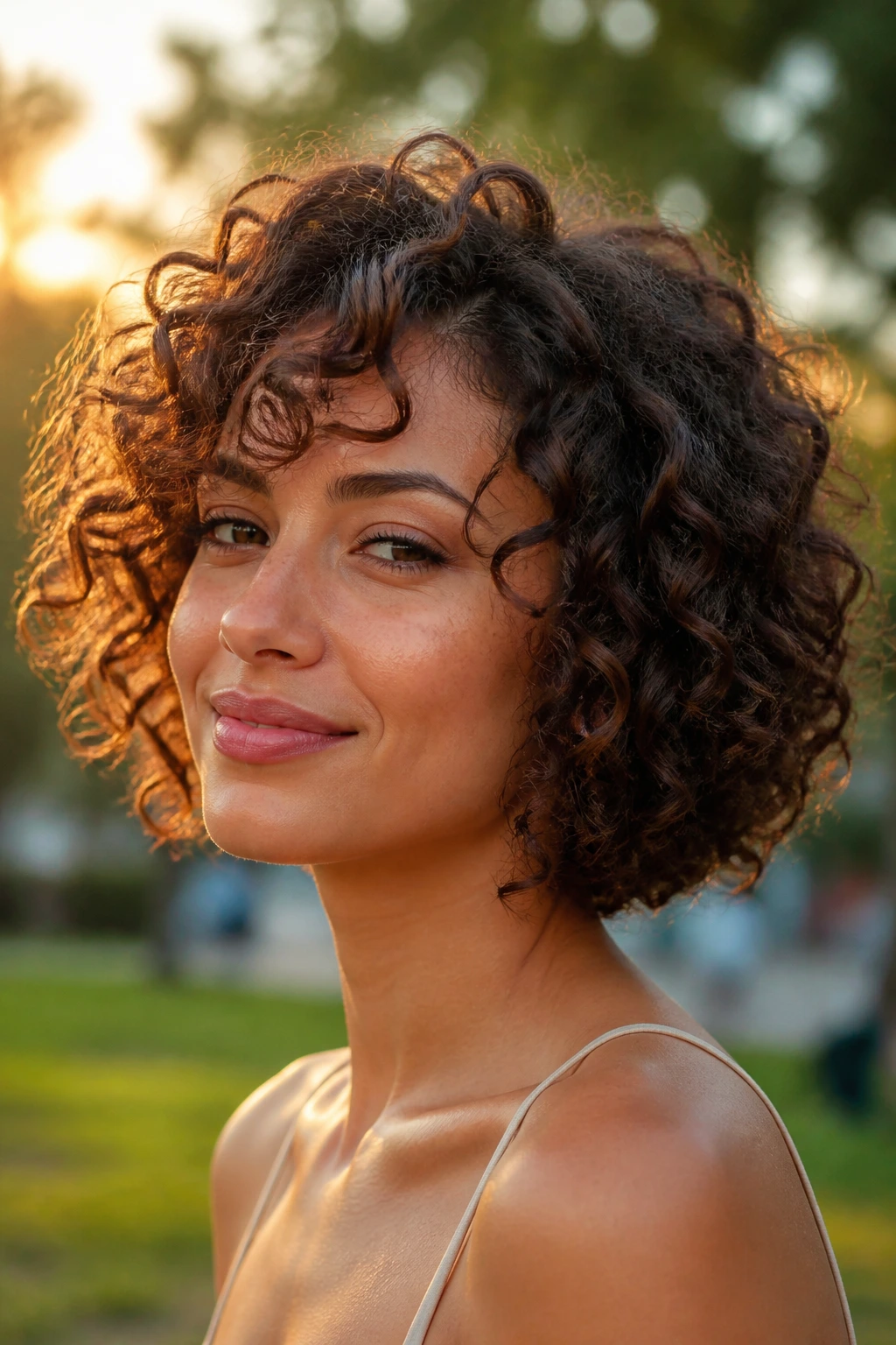 Close-up portrait of real woman with breezy curly bob in golden hour outdoor light
