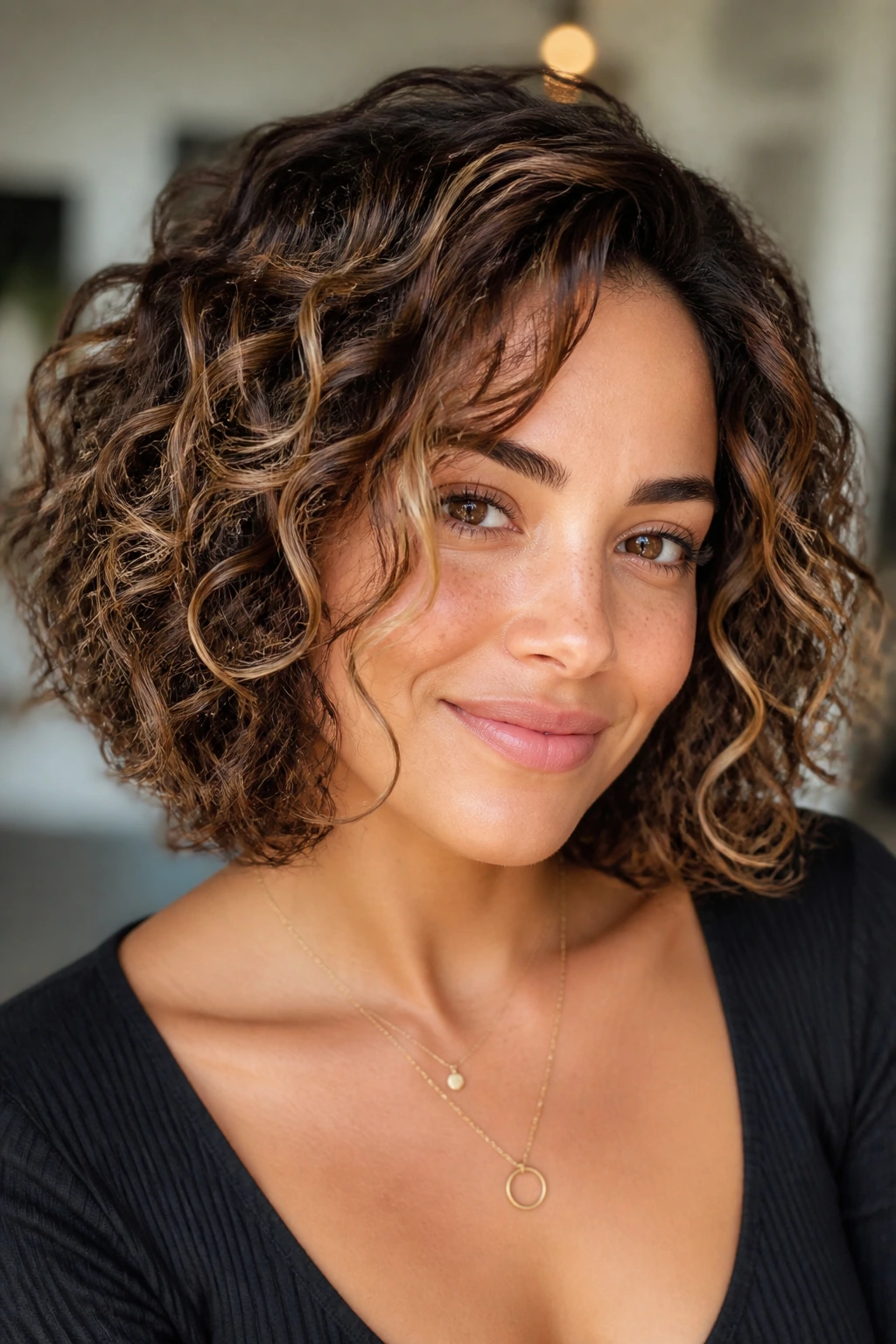 Close-up portrait of a real woman with a curly bob in a salon setting