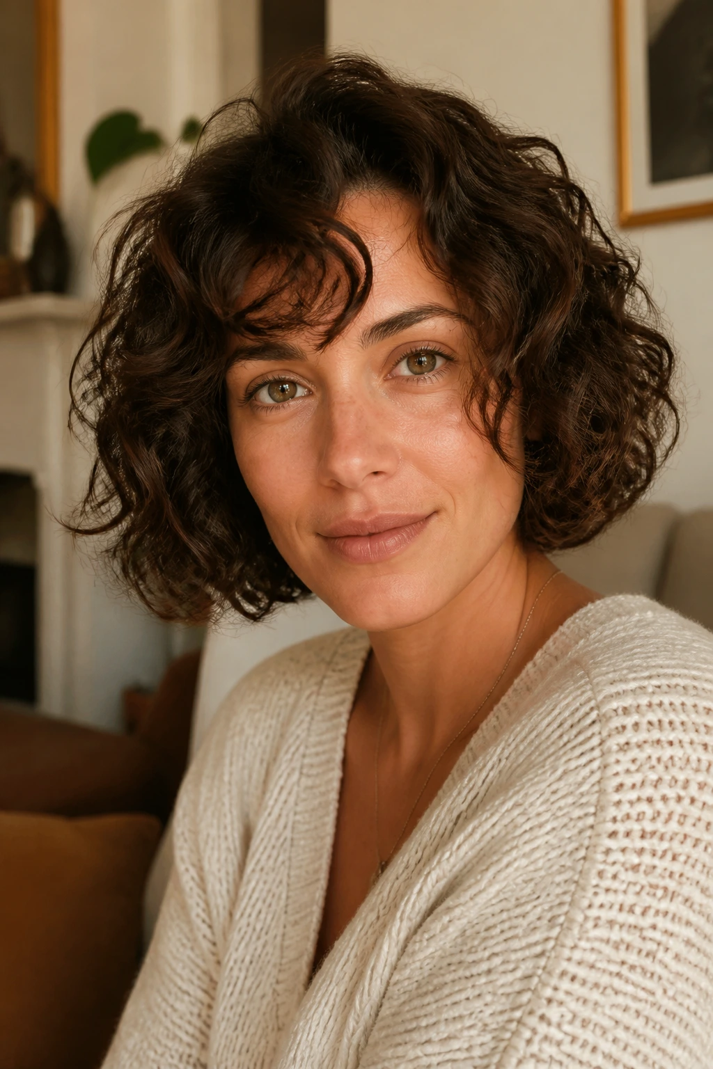 Close-up of a woman with curly bob and interior layers in warm light