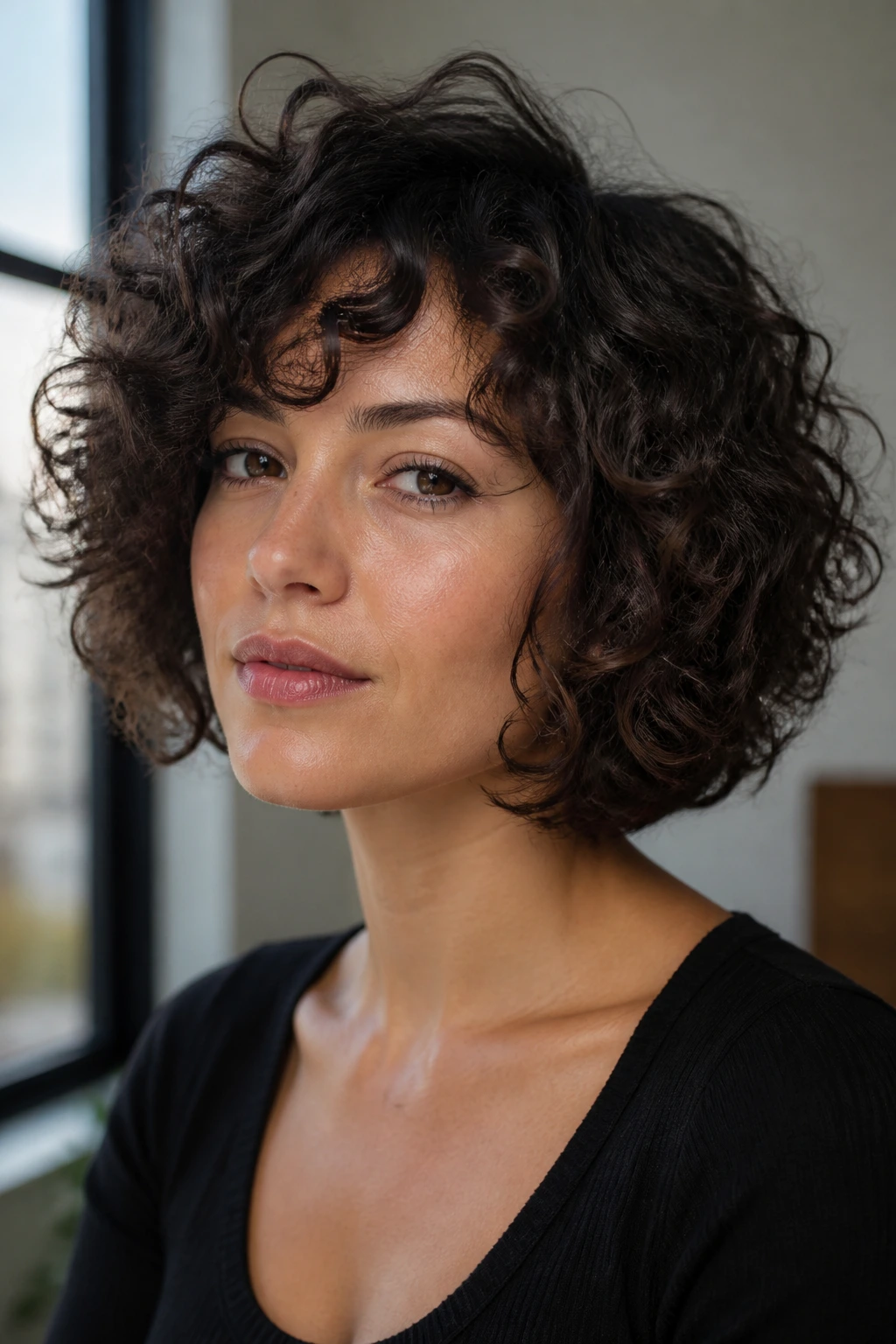 Real woman with chin-length curly bob and internal layers under soft indoor light