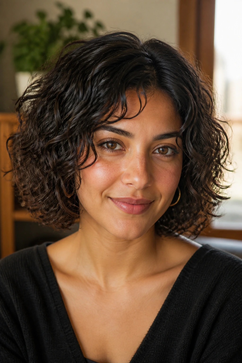 Close-up of a real woman with a chin-length curly bob showing subtle internal layers under natural window light