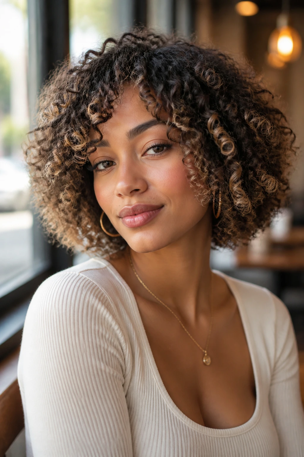 Close-up of curly bob with latte highlights on a real person