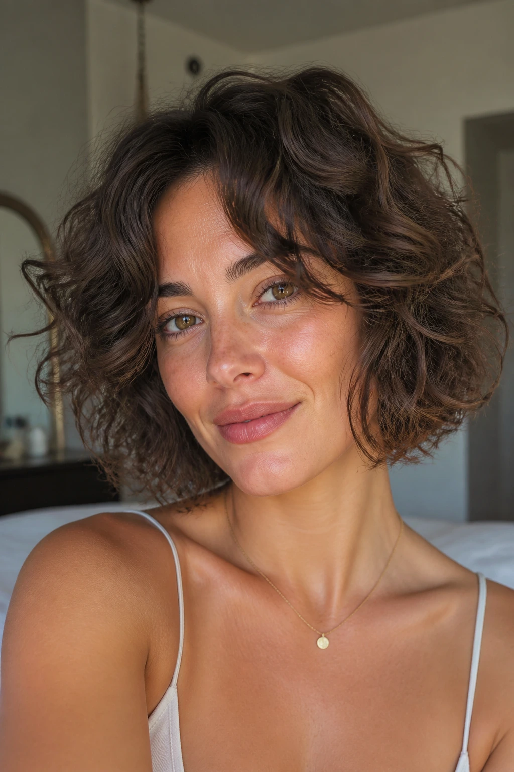 Close-up portrait of a real woman with a chin-length curly bob and long layers, natural window light.