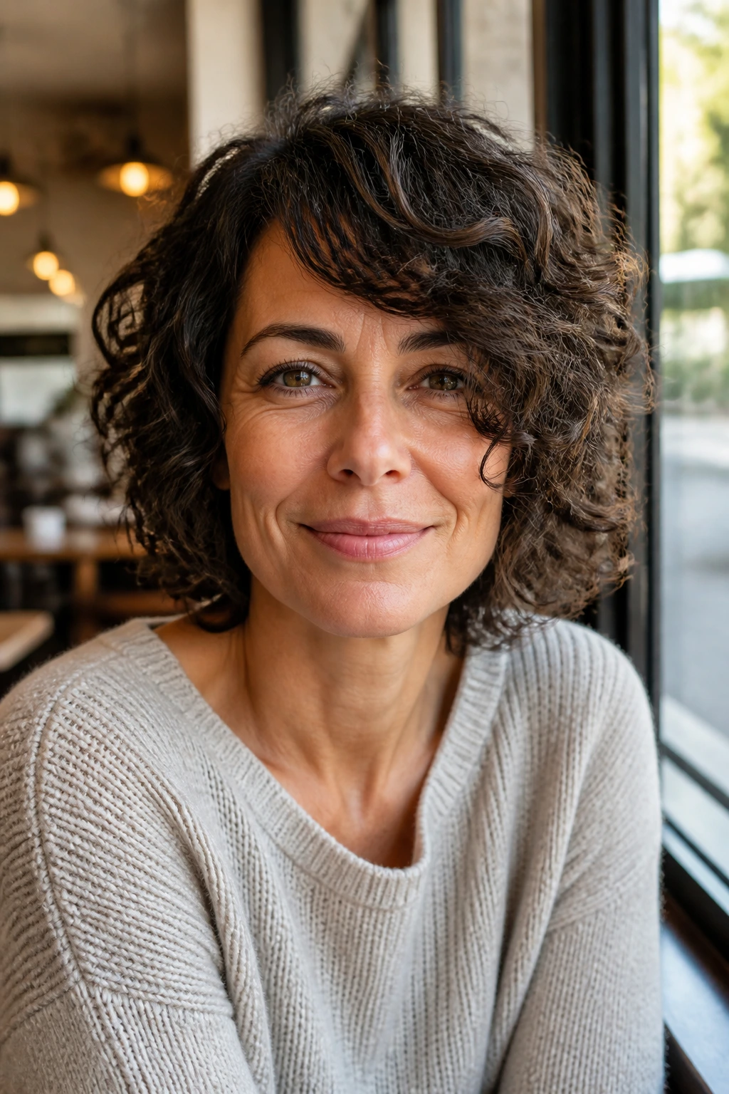 Close-up of a real woman with Curly Bob with Long Layers and Side Bangs