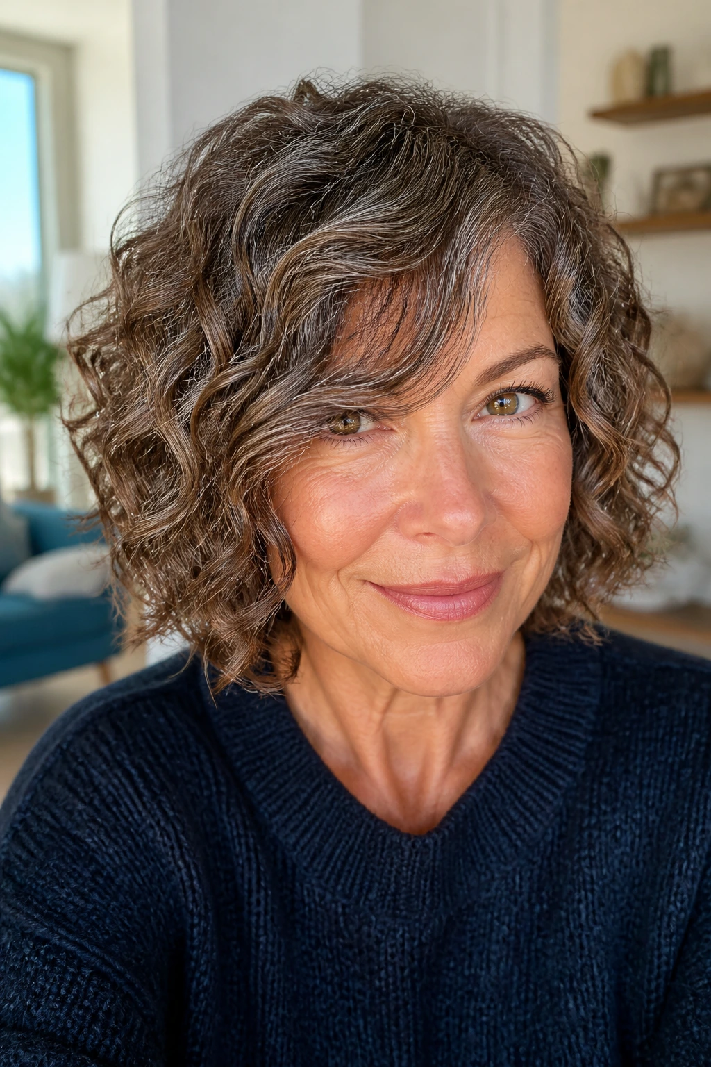 Close-up of a real woman with curly bob and long side bangs