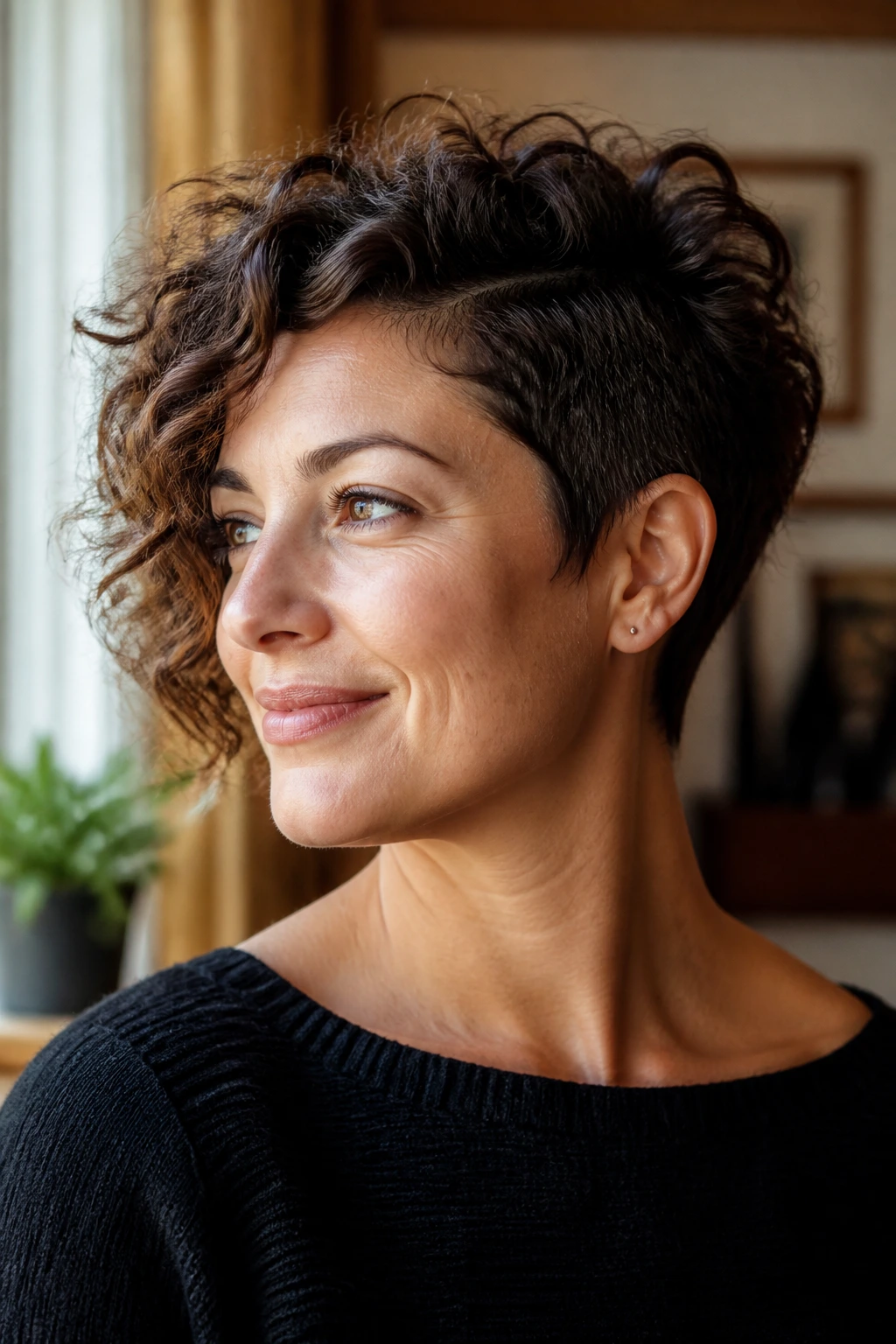 Portrait of a real woman with a short asymmetrical curly bob in a warm indoor setting.