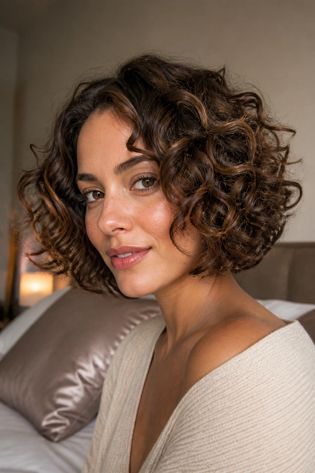 Close-up of brunette with curly bob showing defined shape in warm window light