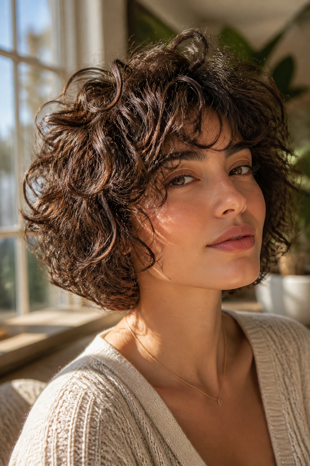 Close-up portrait of a real woman with curly shag bob and micro-layers, warm window light.