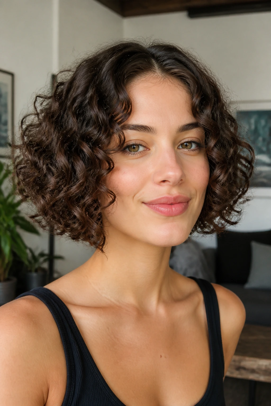 Portrait of a woman with a curly chin-length bob and middle part.