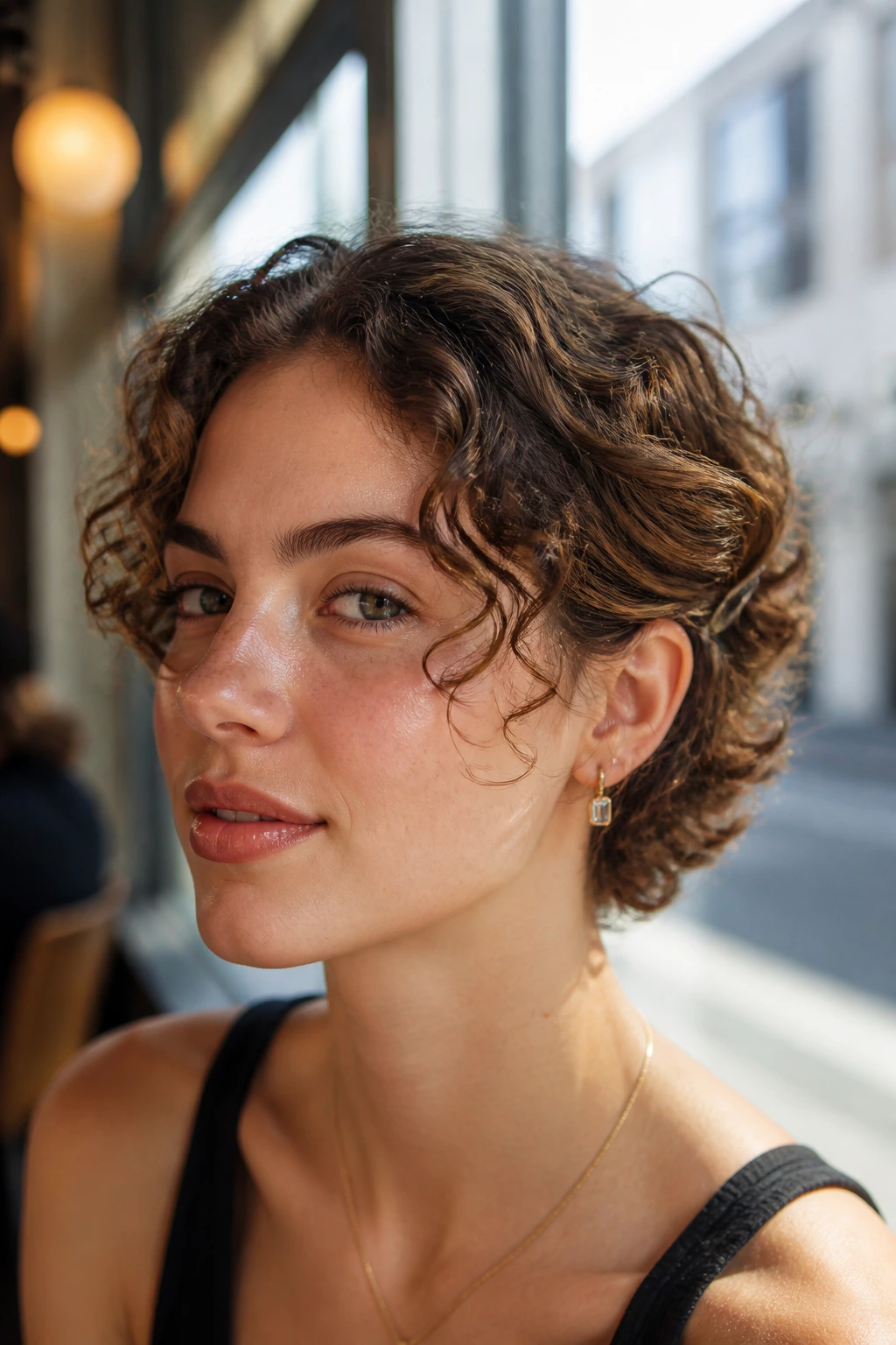 Close-up of woman with curly bob tucked and mini clips behind the ear