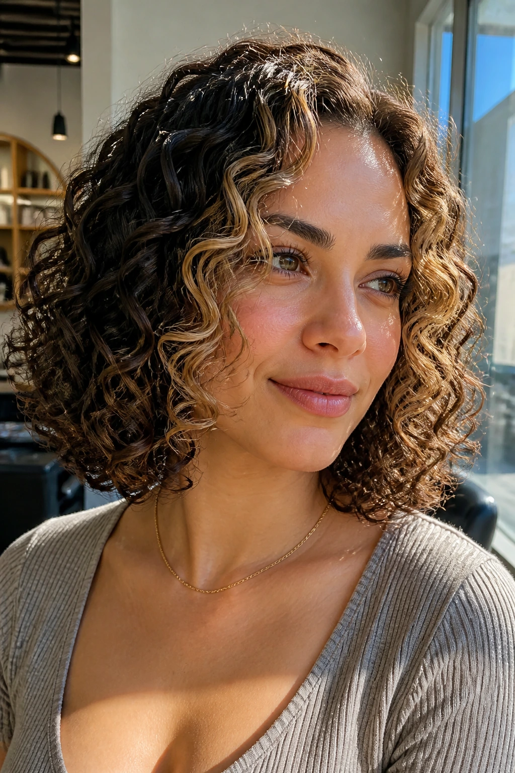 Close-up portrait of a real woman with curly bob and sunlit money piece highlights