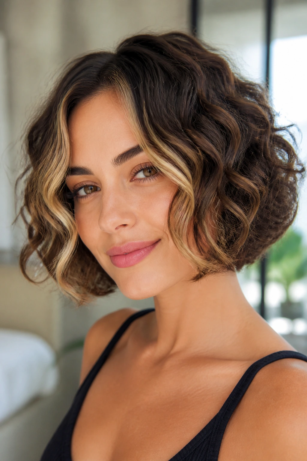 Close-up of a real woman with a bright oval-face curly bob and narrow front money pieces