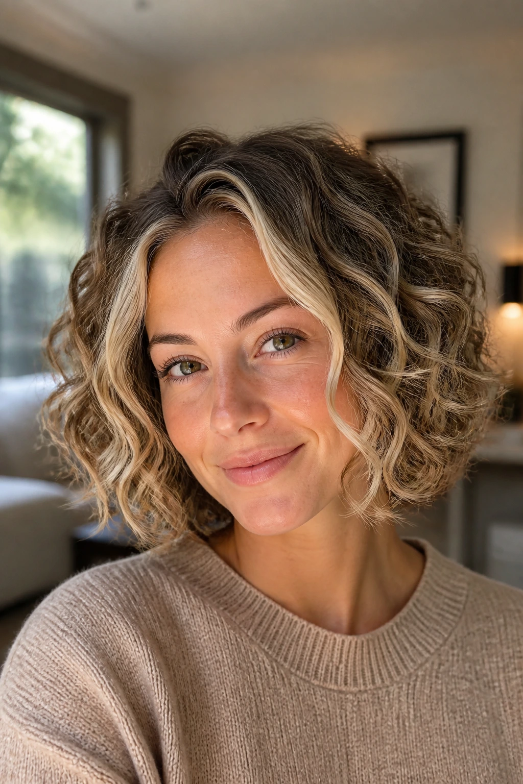 Close-up of a real woman with a curly bob and bright blonde money pieces