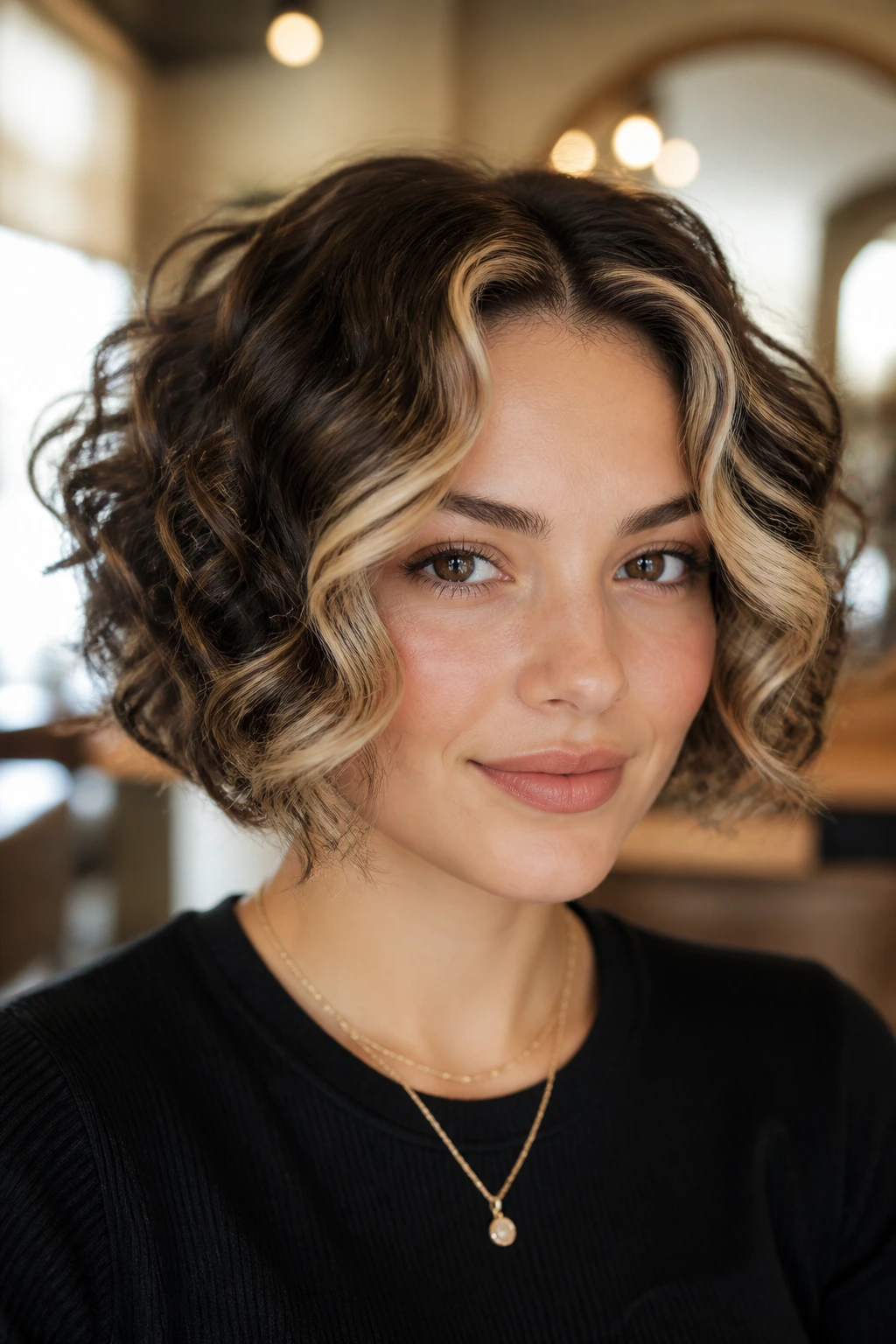 Close-up of a thick curly bob with money-piece highlights framing the face.