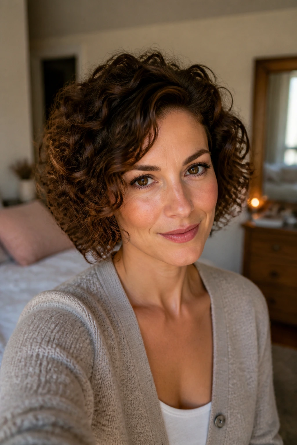 Portrait of a real woman with a curly bob ready for a busy morning.