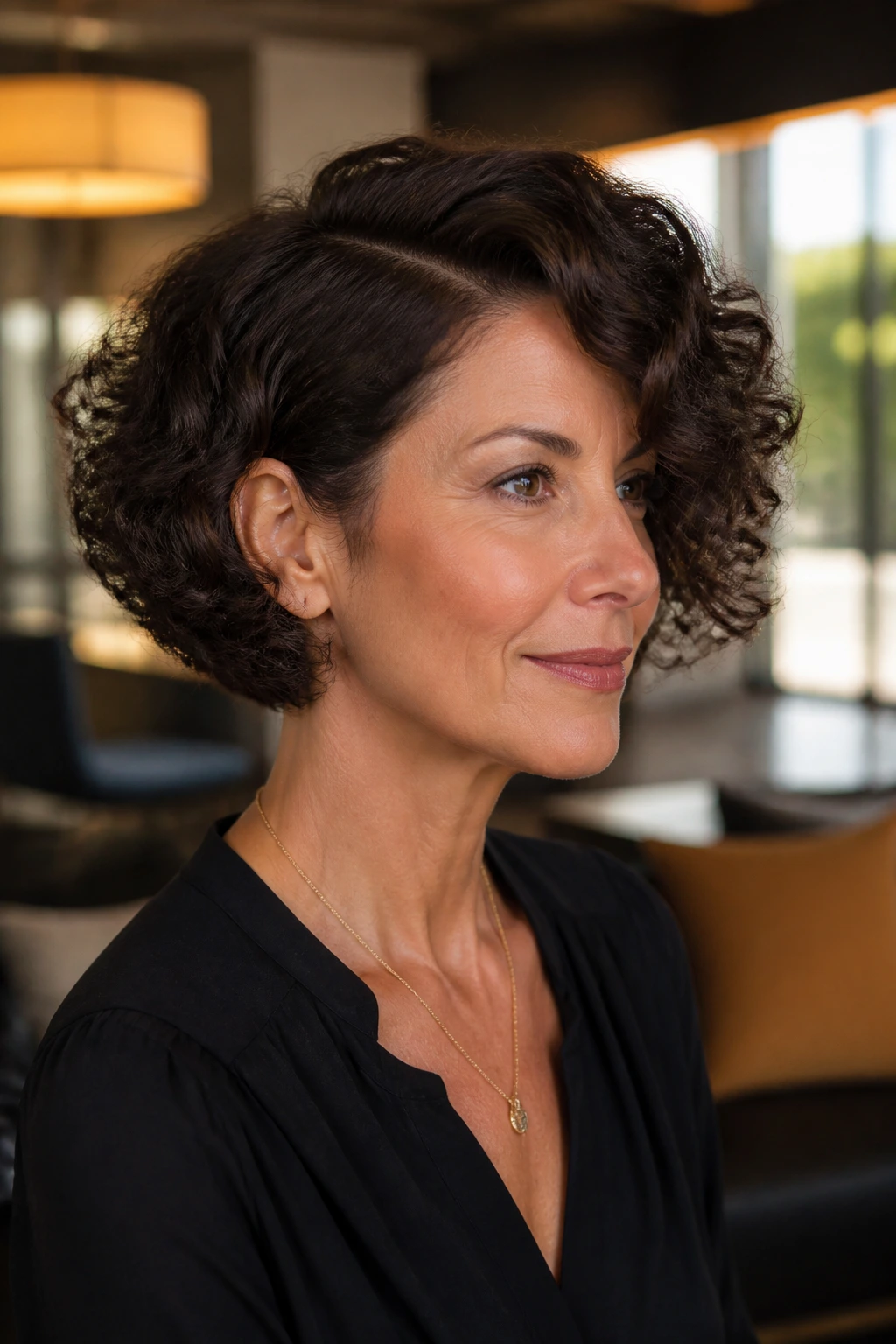 Close-up of a real woman with Curly Bob featuring a Nape Taper and Side Part