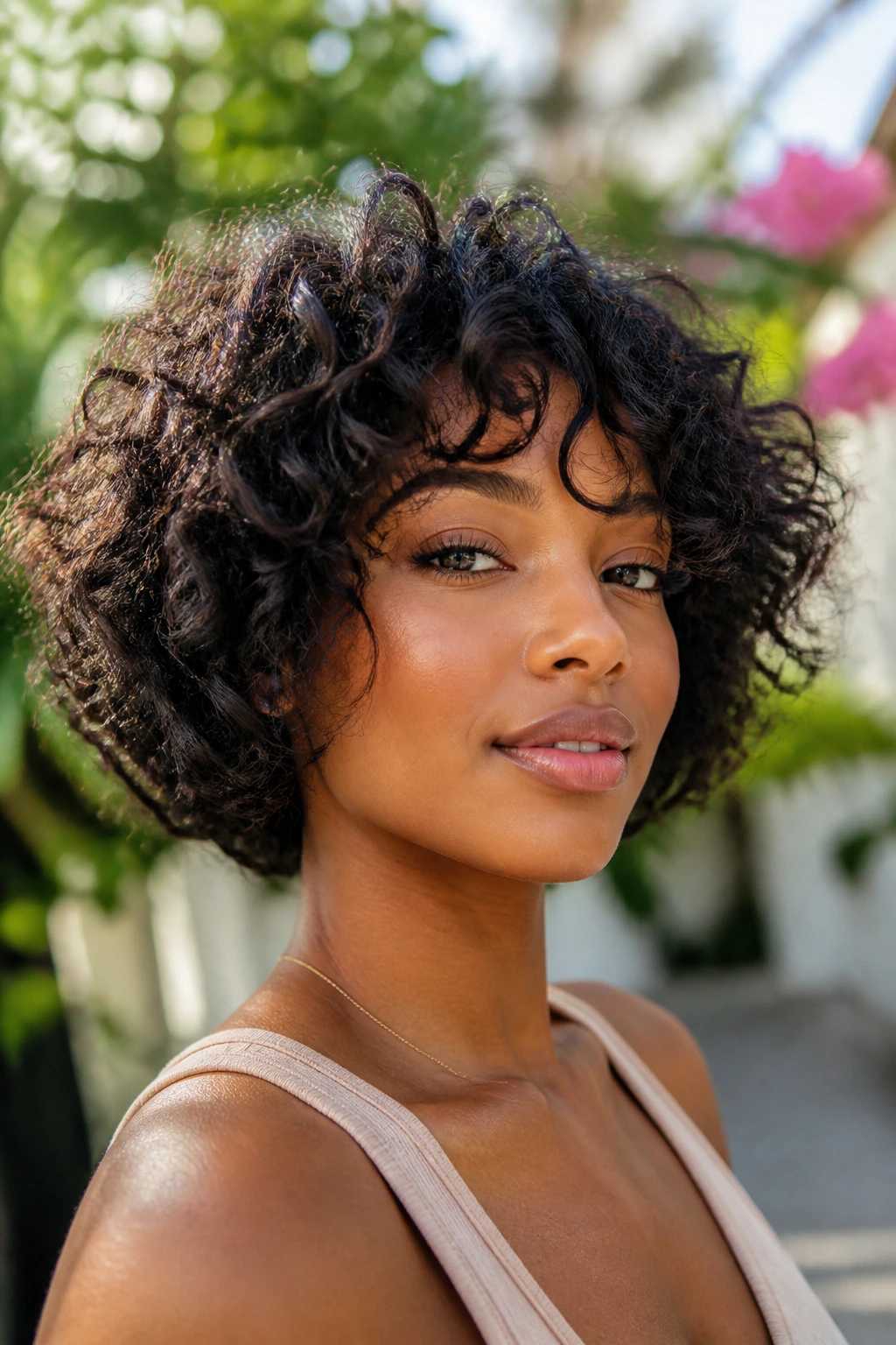 Close-up of a real woman with curly tousled bob and natural texture.