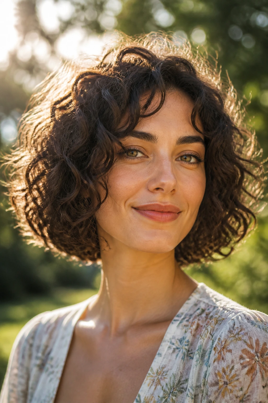 Portrait of a real woman with a curly bob on an oval face in sunny outdoor light