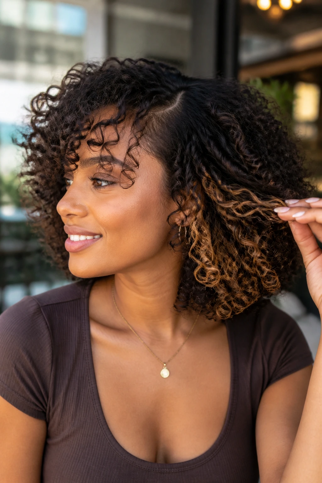 Close-up of curly bob with underlayer caramel peekaboo panels