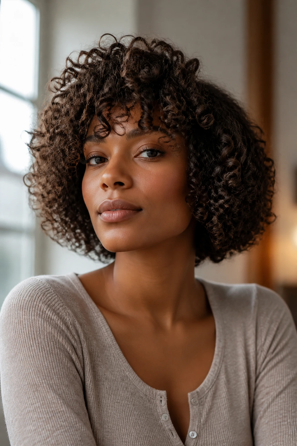 Close-up portrait of a real Black woman with a curly bob showing perimeter fullness