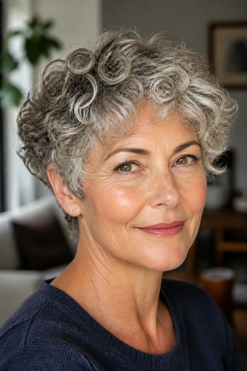 Close-up portrait of a real woman with curly bob-pixie shapes under warm window light