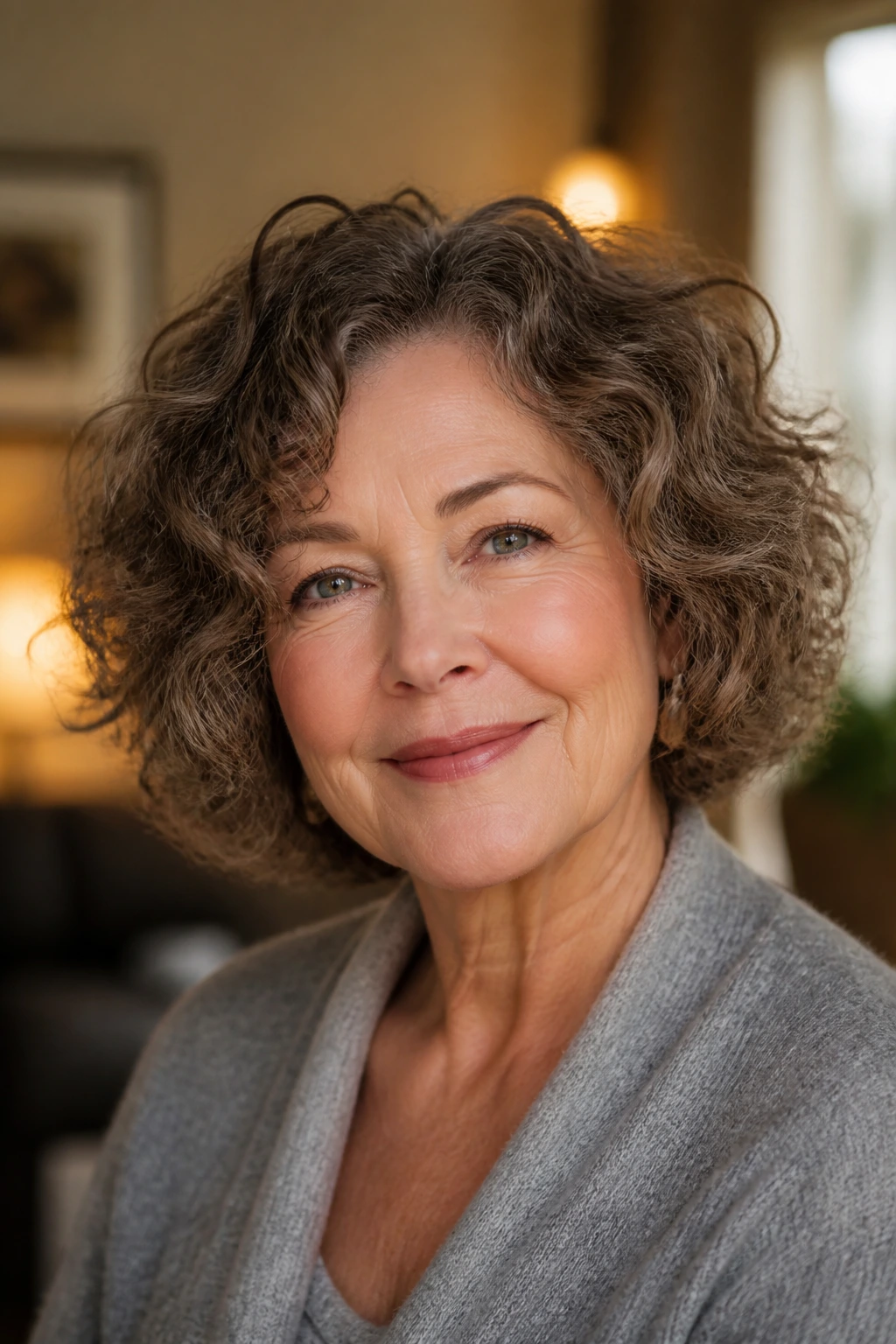 Close-up portrait of a real woman with a curly-texture bob and loose definition.