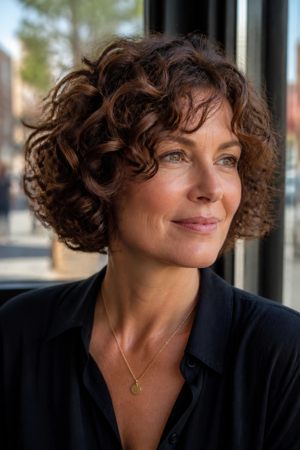 Portrait of a real woman with a curly bob in a sunlit cafe window seat