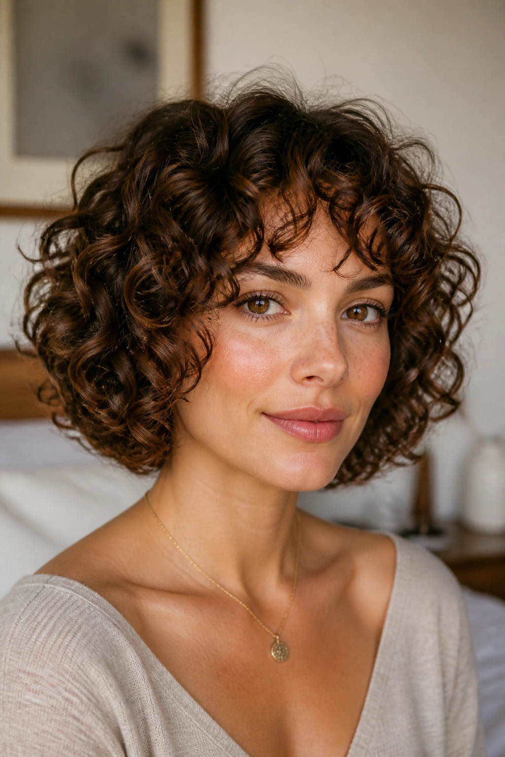 Close-up portrait of a real woman with a curly bob in a softly lit bedroom