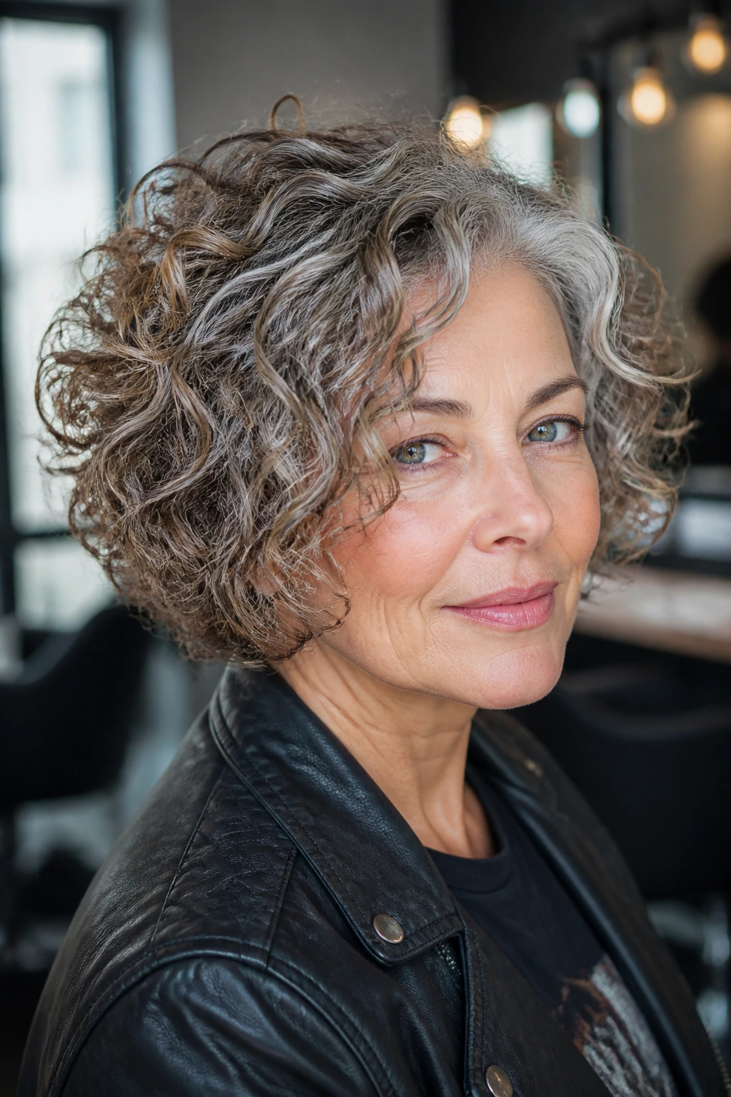 Close-up of a real woman with a curly control bob and defined curls along the jawline