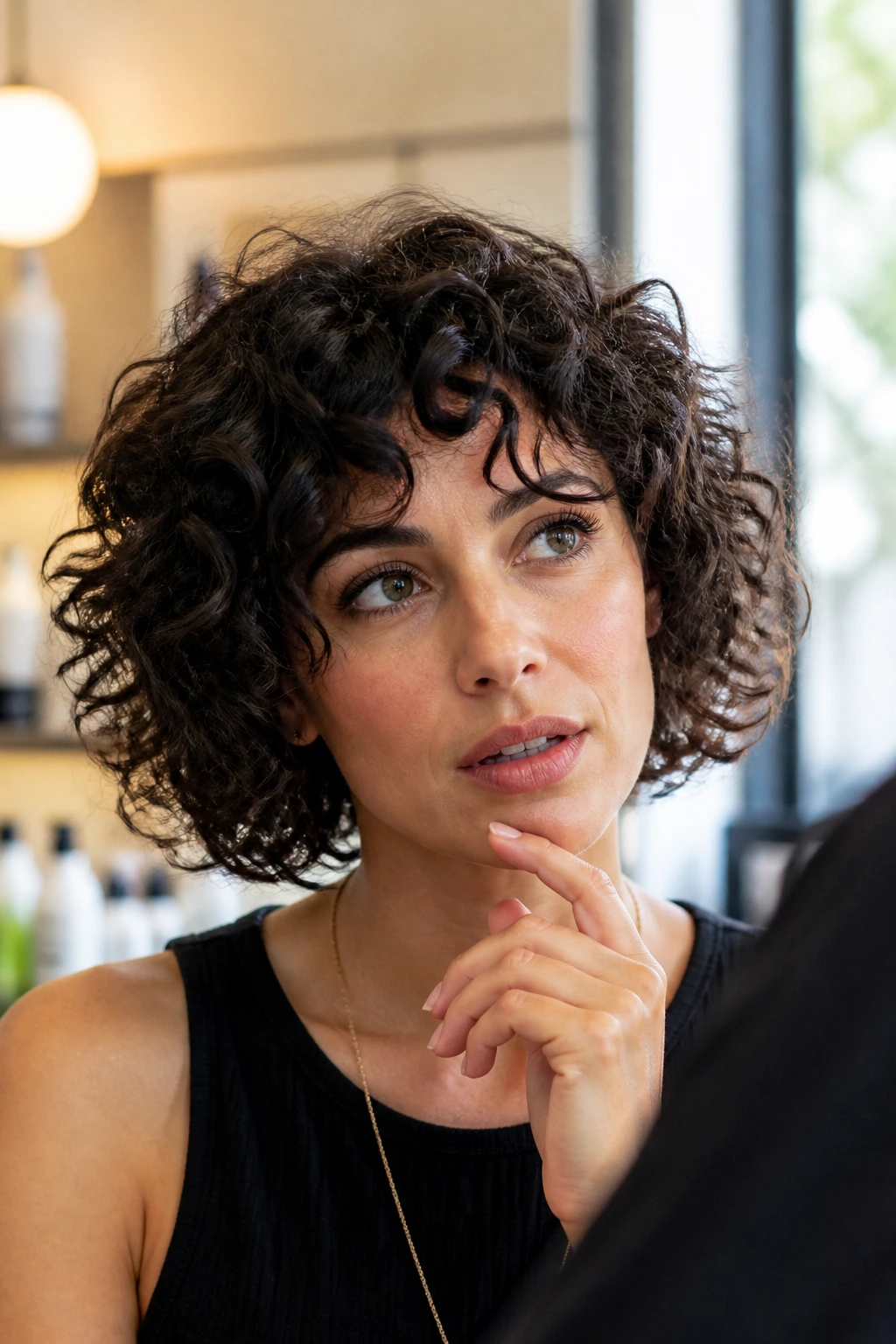 Close-up portrait of real woman with curly bob in salon looking thoughtful