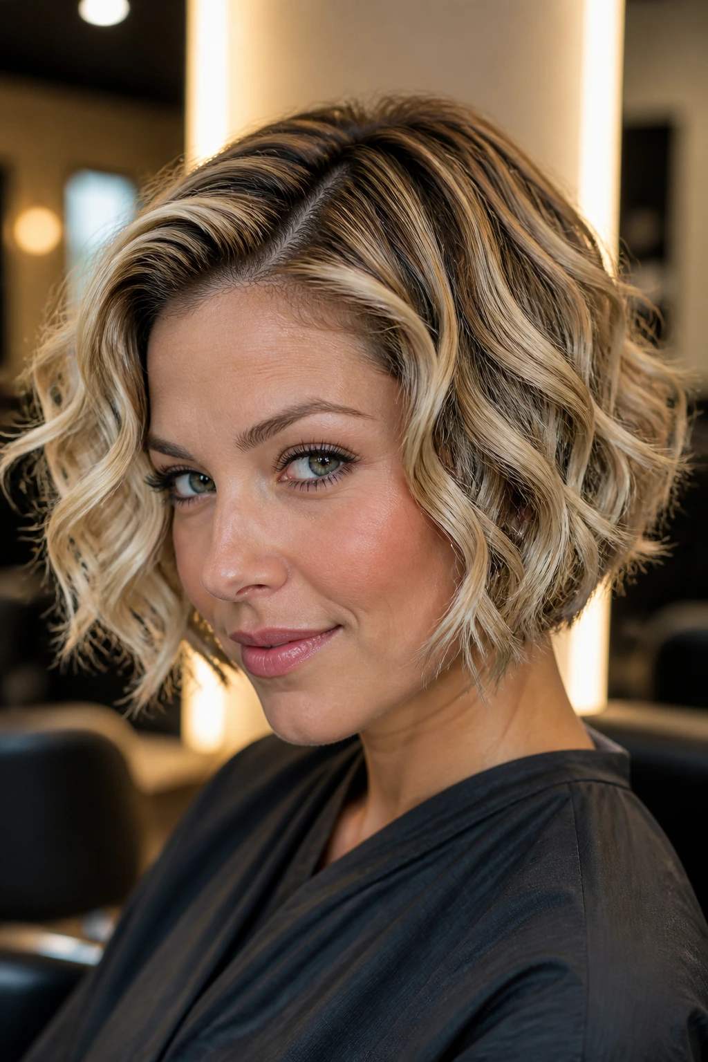 Real person with sleek-rooted curly bob and ribbon lowlights close-up portrait