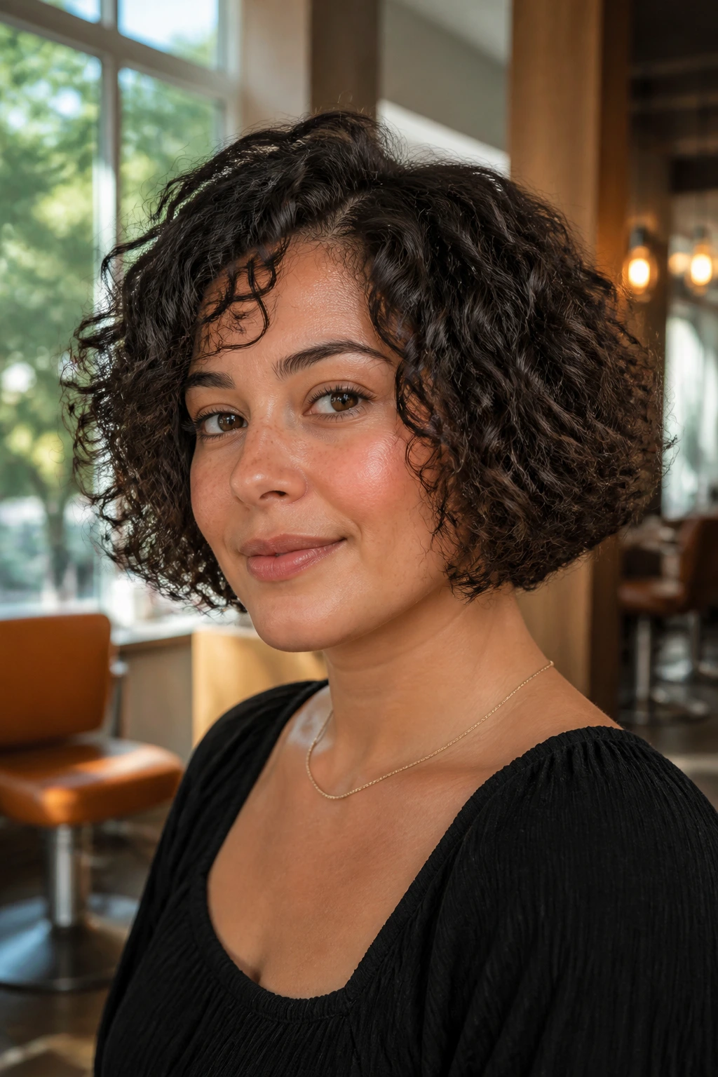 Close-up portrait of a real woman with a curly bob at cheekbone length in a sunlit salon