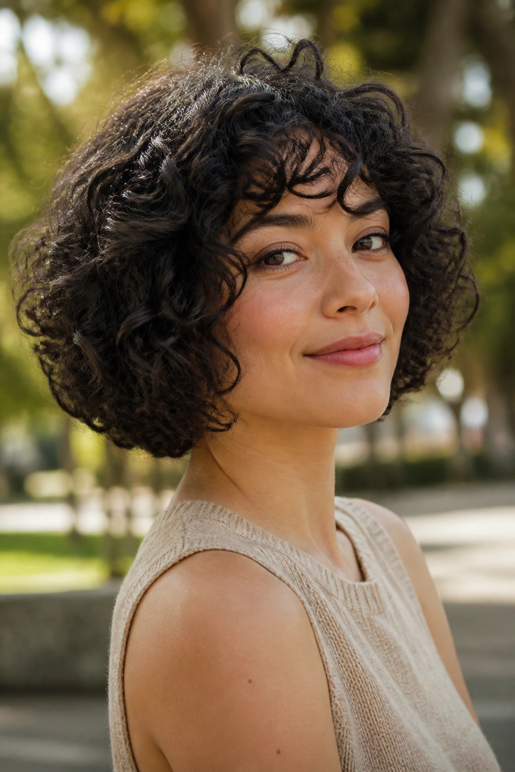 Close-up of a woman with a curly bob and rounded silhouette in a park