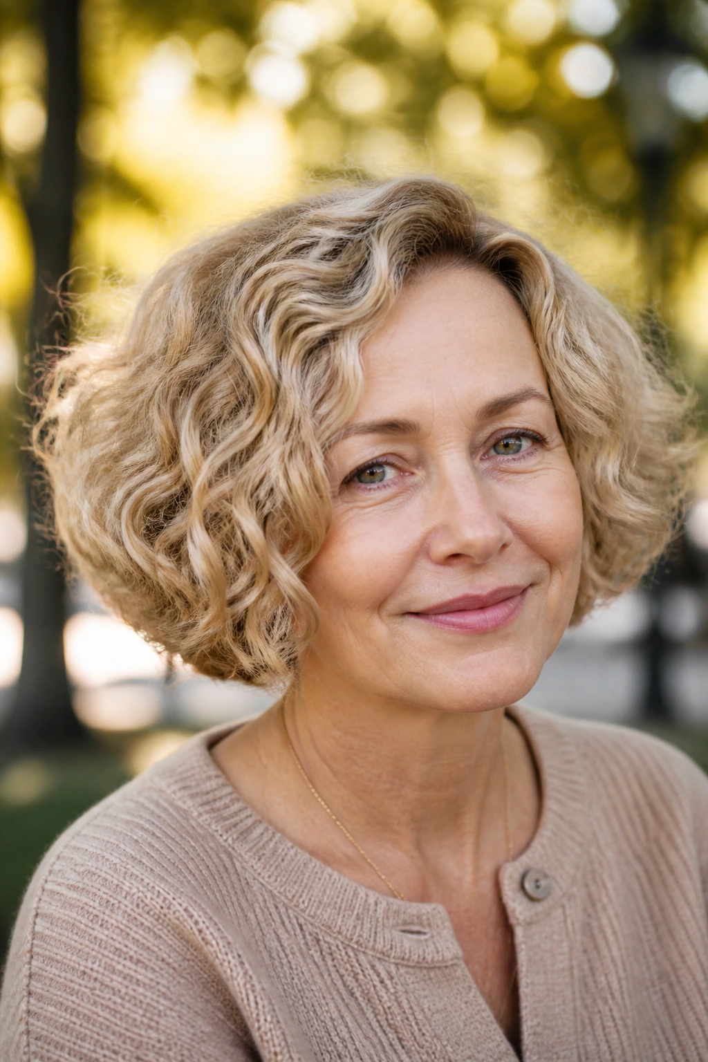 Real woman with a soft curly bob in sandy blonde in natural sunlight.
