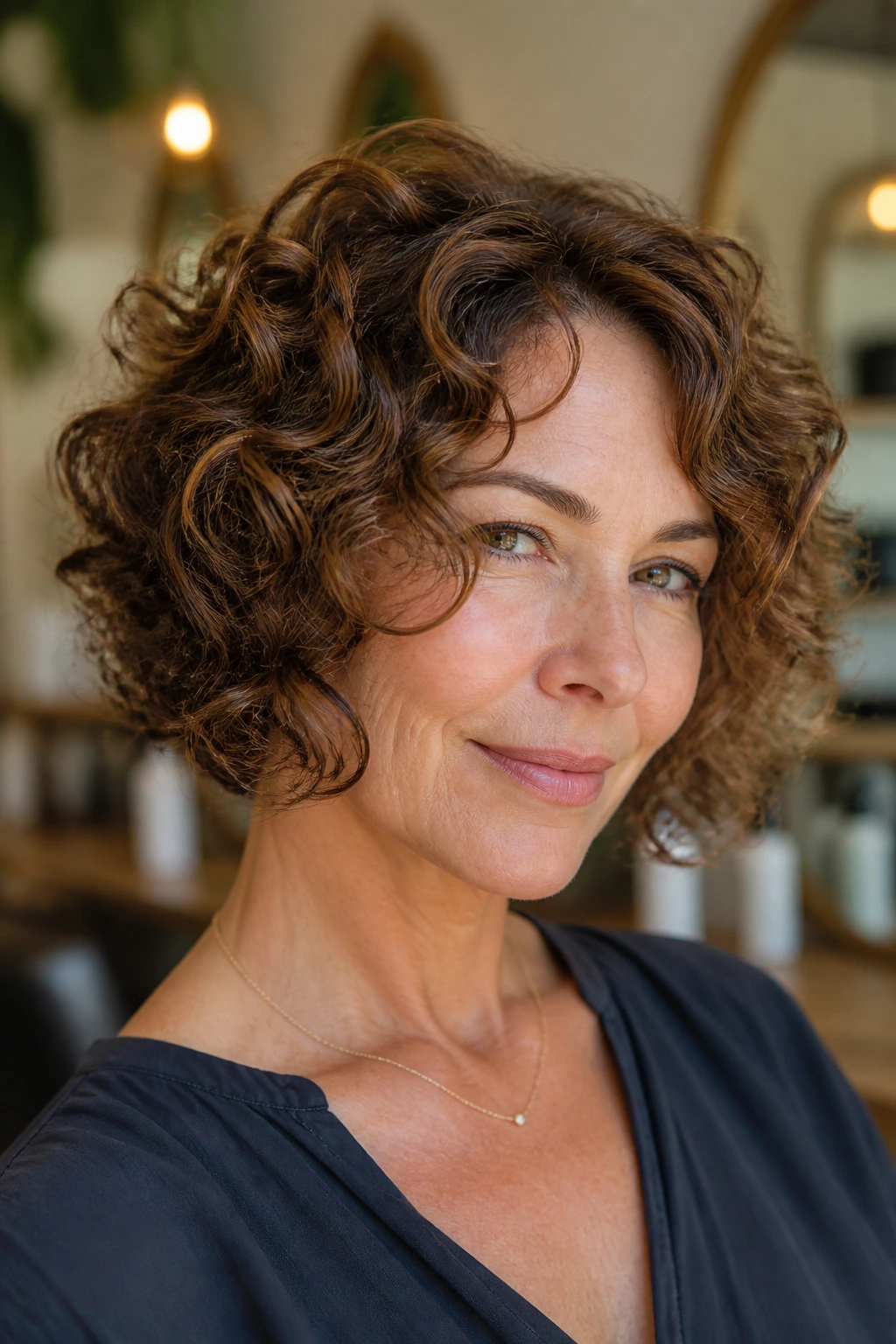 Real woman with curly bob and sculpted layers supporting natural curls