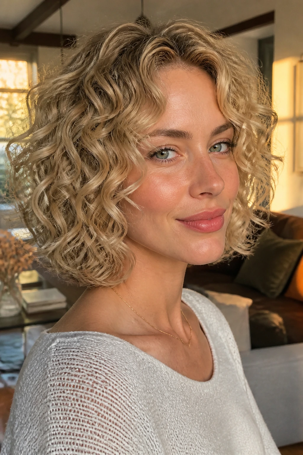 Portrait of woman with well-defined blonde curly bob line