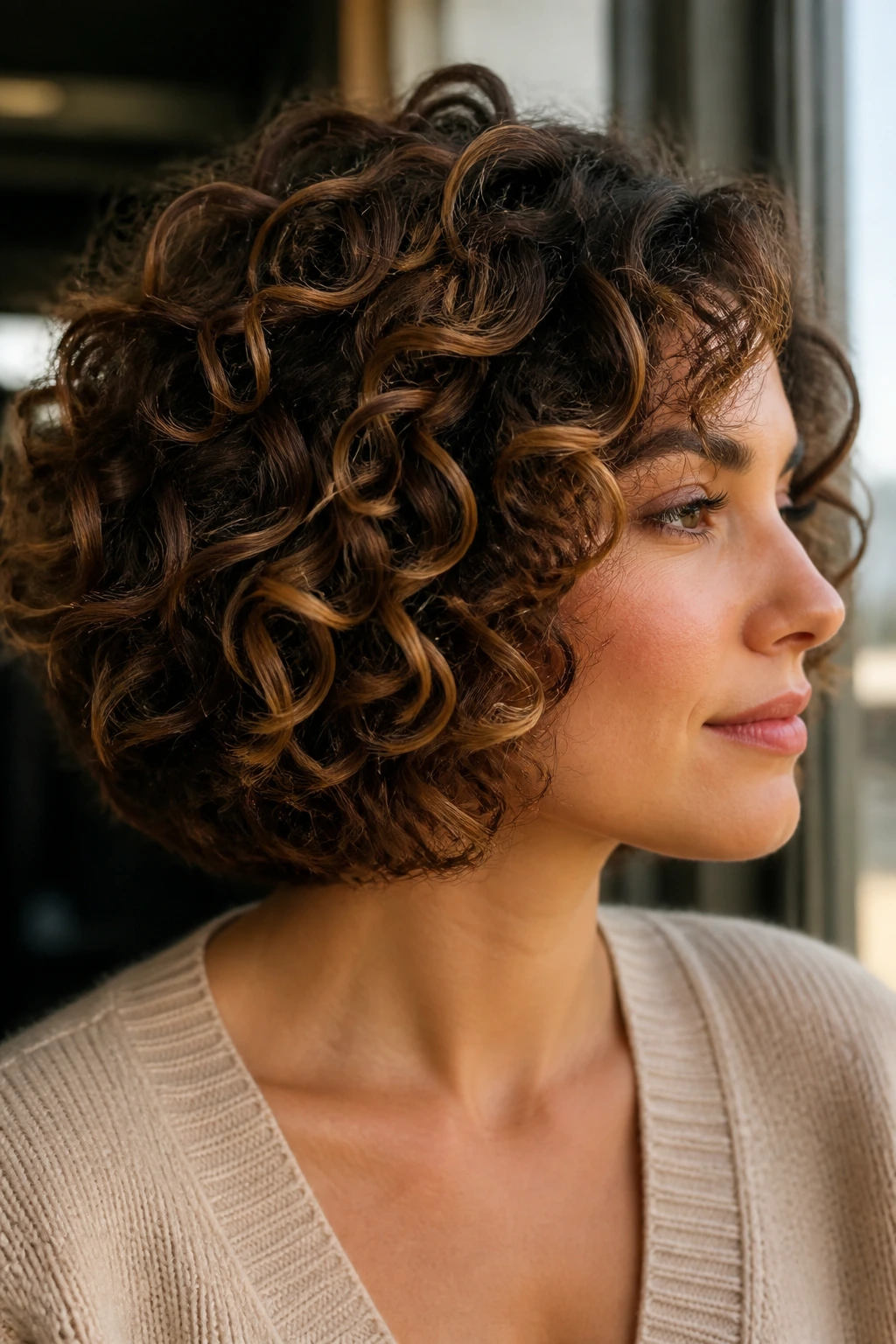 Portrait of a real woman with a curly bob showing a defined silhouette with lowlights