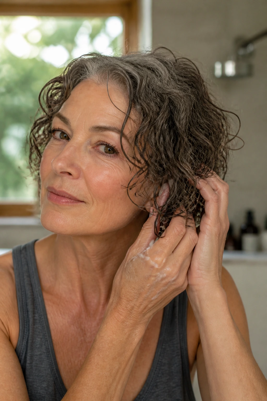Close-up of a real woman with a curly bob being scrunched damp hair in a bathroom.
