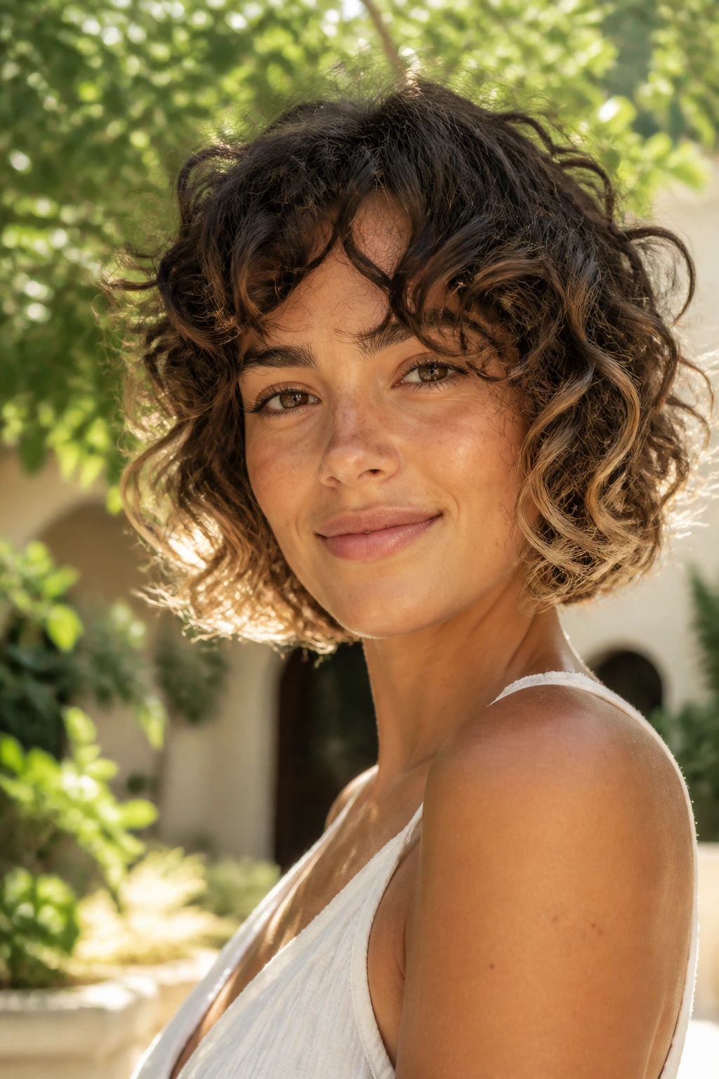Close-up of a real woman with a curly bob and sunlit honey-toned ends.