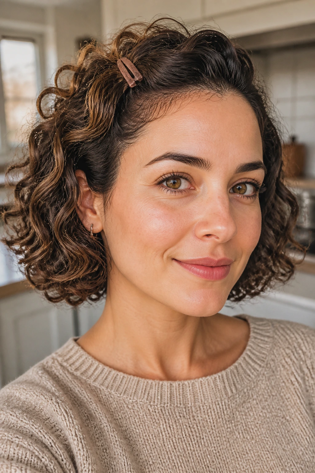 Real woman in a curly bob with a swept-back front section secured by a clip.
