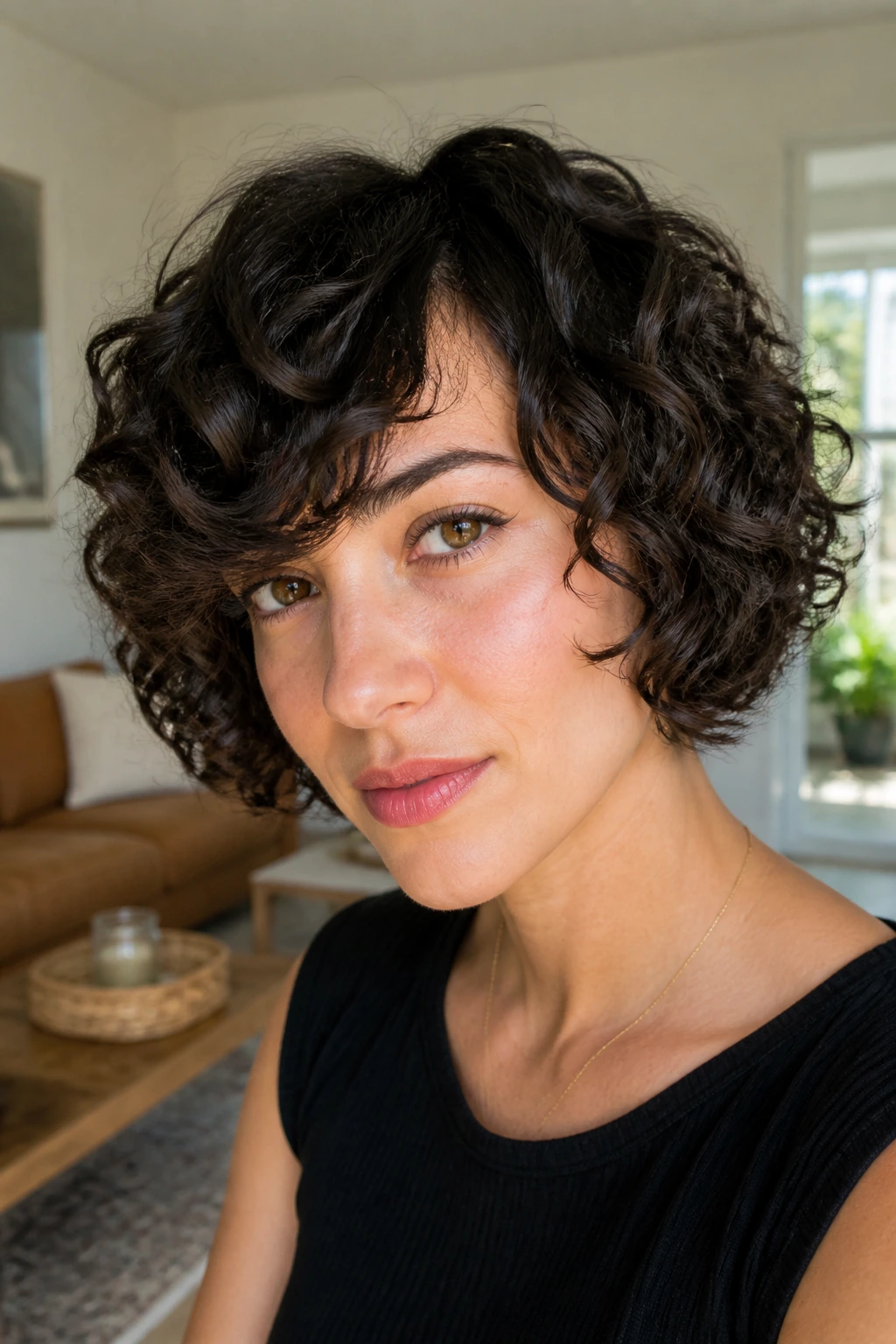 Close-up of a real person with curly bob and swooping fringe in warm sunlight