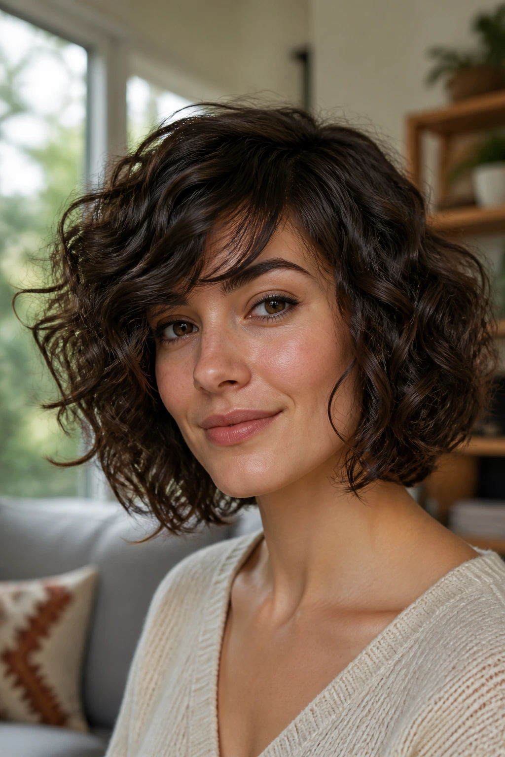 Close-up portrait of a real person with a textured curly bob and side-swept bangs