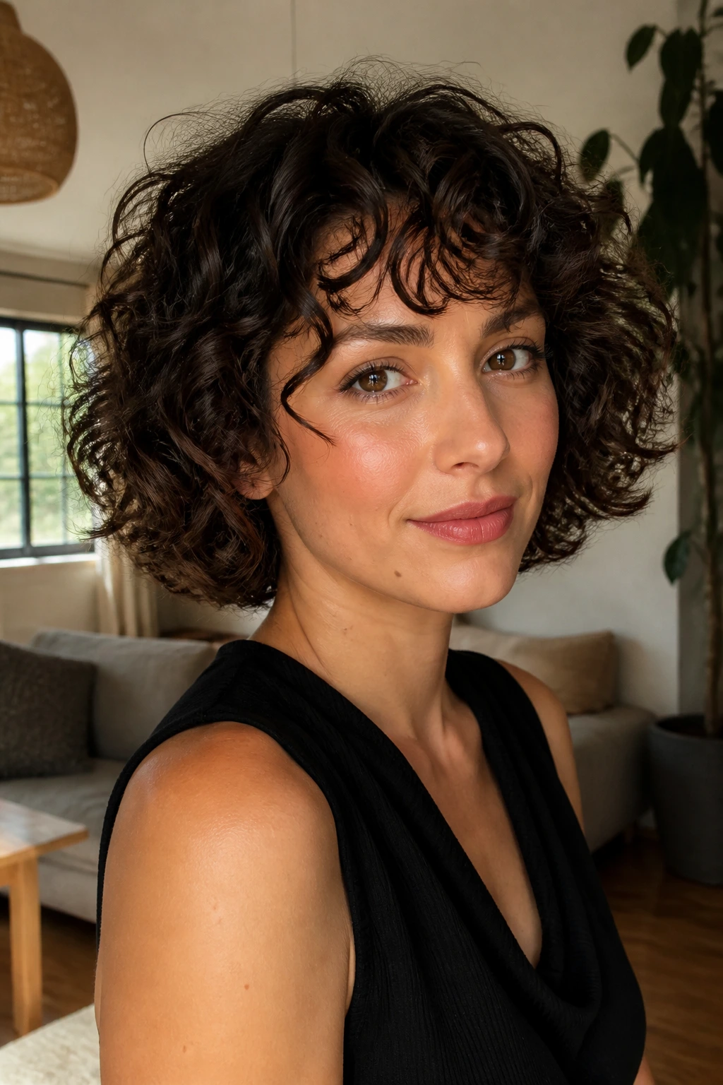 Portrait of a woman with a curly bob texture in a cozy living room