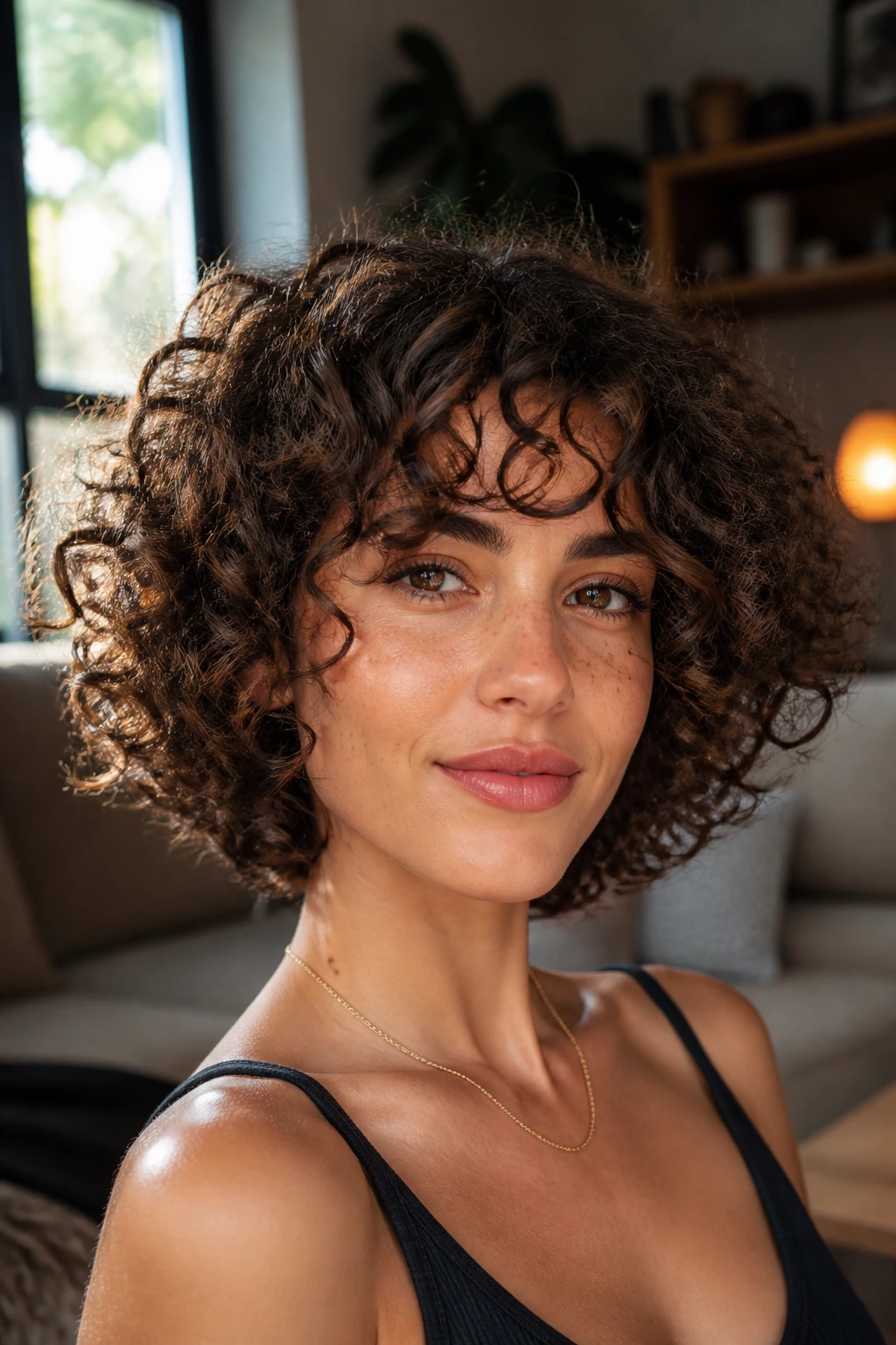 Close-up portrait of real woman with curly bob showing varied curl textures in warm light