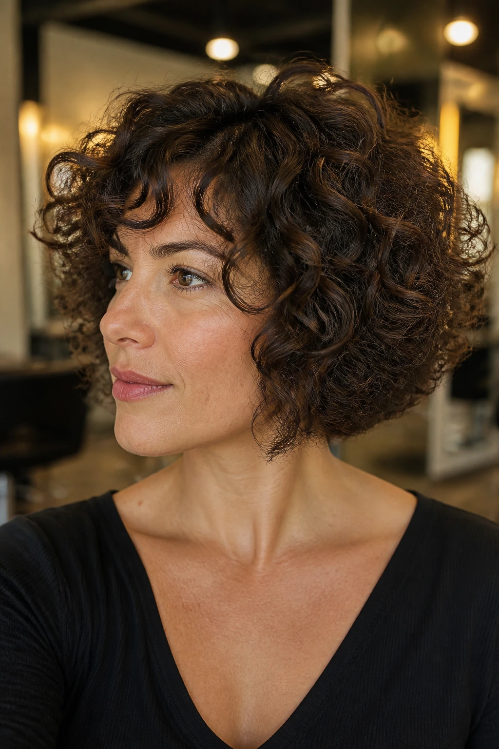 Portrait of a thick-haired curly bob highlighting perimeter and crown lift.