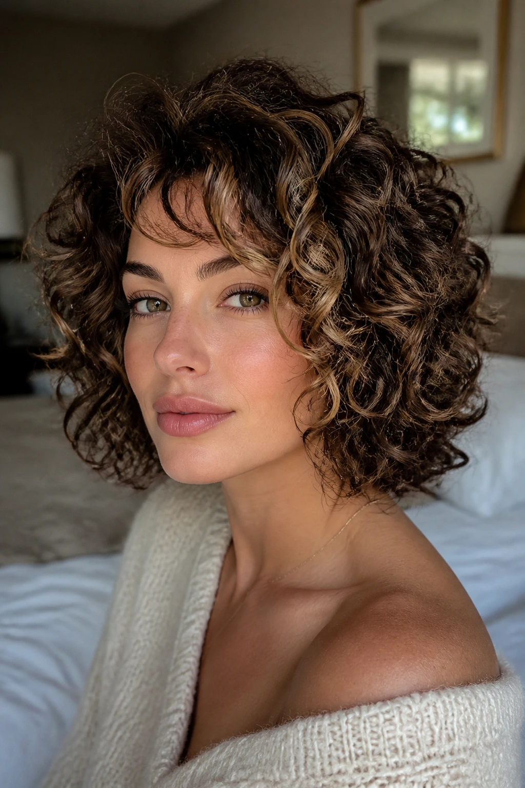 Close-up portrait of a real woman with curly bob featuring subtle front color ribbon and crown lift
