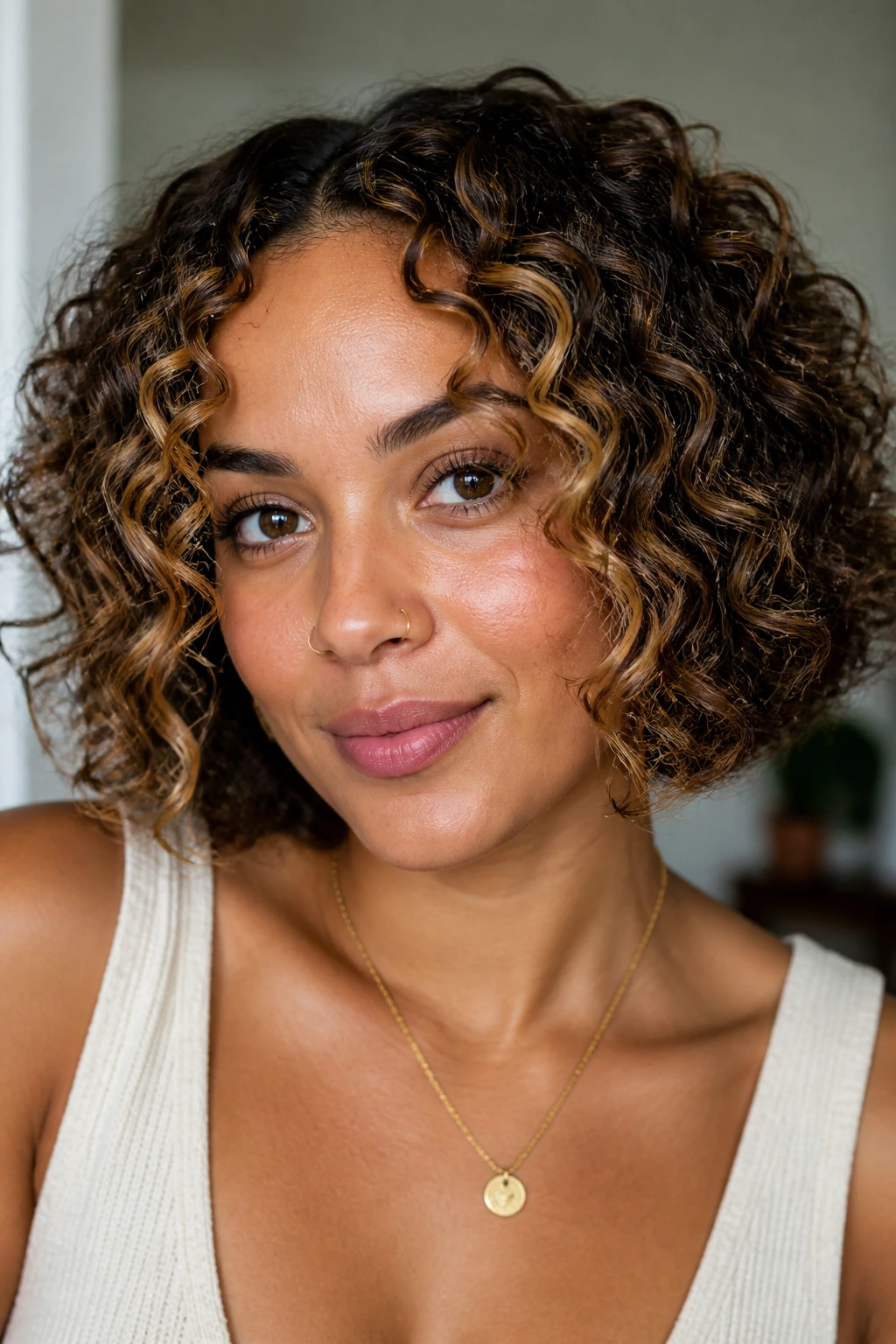 Real woman with chin-length curly bob and toffee highlights