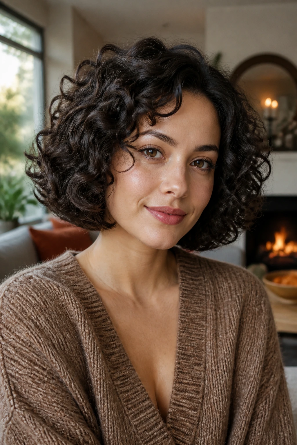 Close-up of a real woman with curly bob and tucked-under ends in a cozy living room
