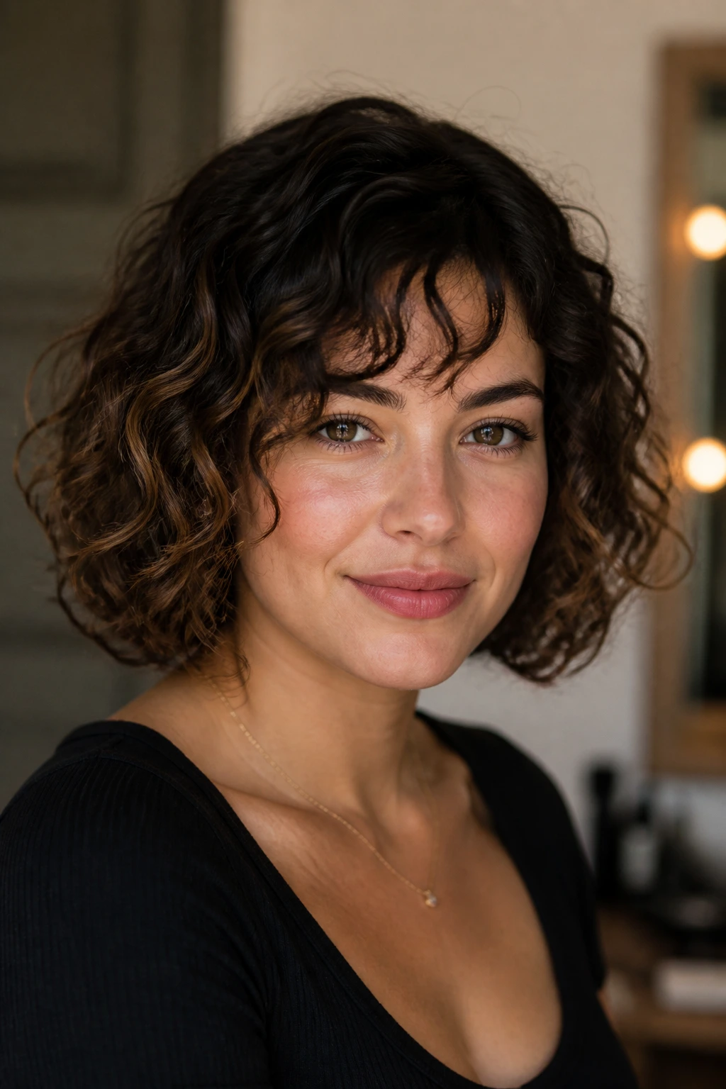 Portrait of woman with curly bob featuring an off-center part and curved fringe